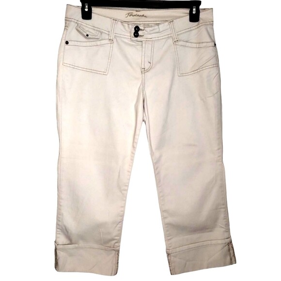 Jordache Pants Womens 13/14 Cream Color Brown Stitching Cropped Cuffed Mid Rise - Picture 1 of 11